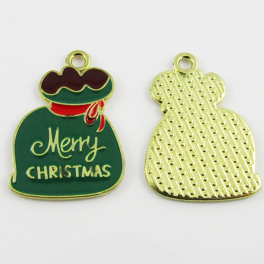 Bulk 10pce Enamel Santa Sack Charm Pendant GREEN Merry Christmas 24x17mm