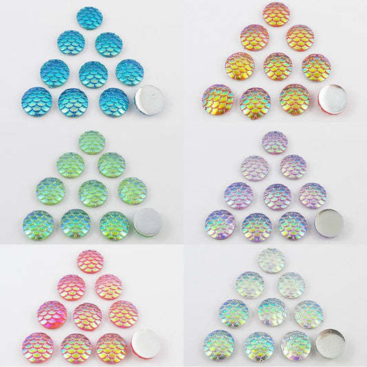 10pcs DIY Resin AB Mermaid Scale Cabochon 12mm Round Flat Back Select Colour