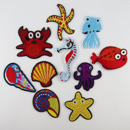 10pce Set Iron on / Sew On Underwater Marine Life Cloth Patches 41-70 x 39-67mm