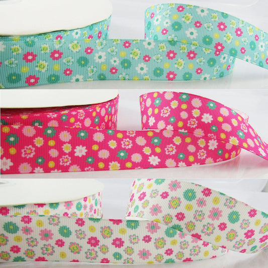 3metres Printed Cute Flower Grosgrain Ribbon 25mm Select Colour