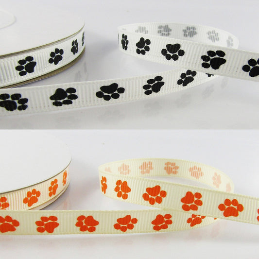 3metres Printed Paw Print Grosgrain Ribbon 10mm Select Black or Orange