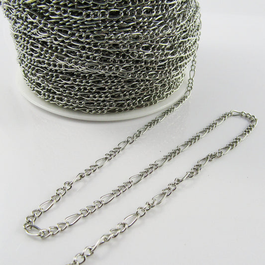 3mtrs Figaro Mother-Son Chain Unsoldered Iron Links 3x7mm & 2.5x4mm Silver Tone