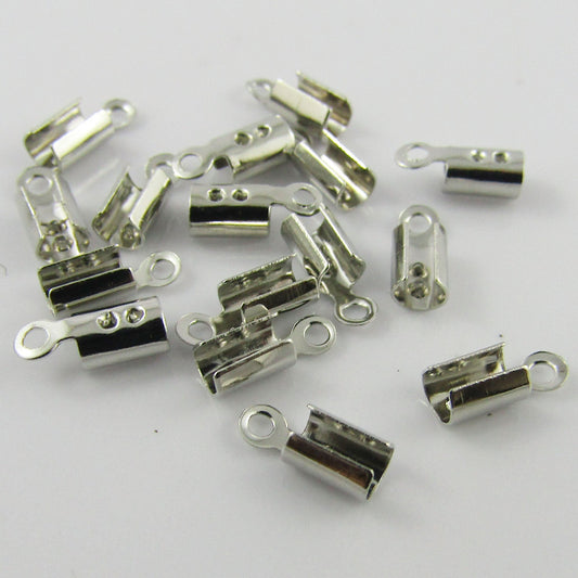 25 Sets (50pcs) Brass Fold Over Cord Crimp Ends 8x3mm Hole 1mm Silver Tone
