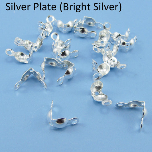 50pcs Clamshell Knot Cover Calotte Ends BRASS 7x4mm Hole 1mm Silver Plate