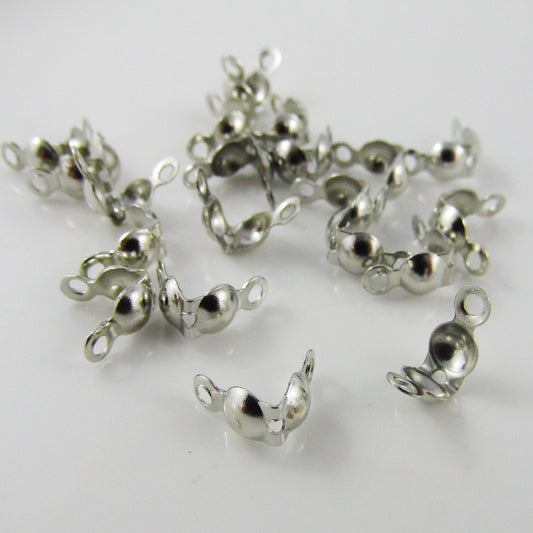 50pcs Clamshell Knot Cover Calotte Ends BRASS 7x4mm Hole 1mm Silver Tone