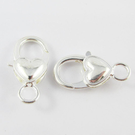 5pk Heart Lobster Clasp 26x15x6mm Hole 4mm Silver Plate or Antique Bronze