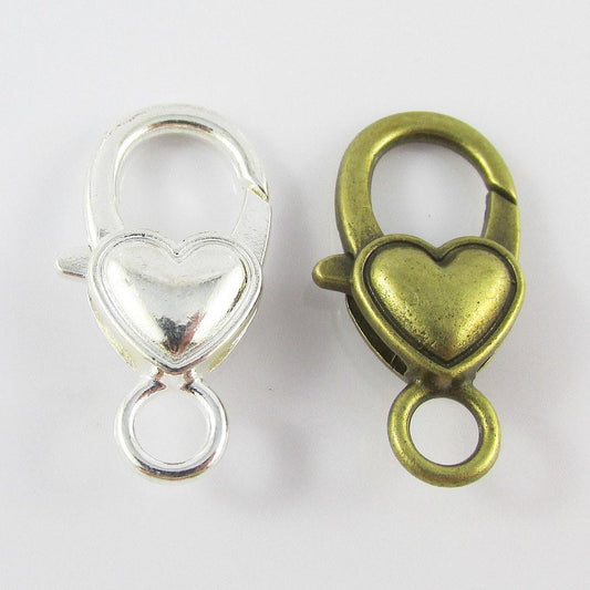5pk Heart Lobster Clasp 26x15x6mm Hole 4mm Silver Plate or Antique Bronze