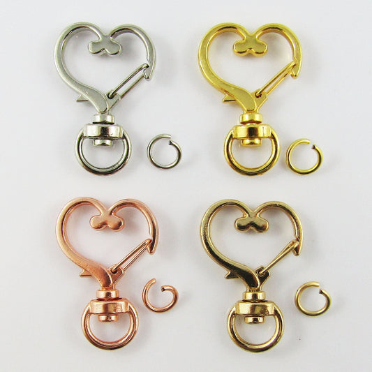 5pk Snap Hook Heart Clasp 35x23mm with Swivel Eye and Jump Ring Select Colour