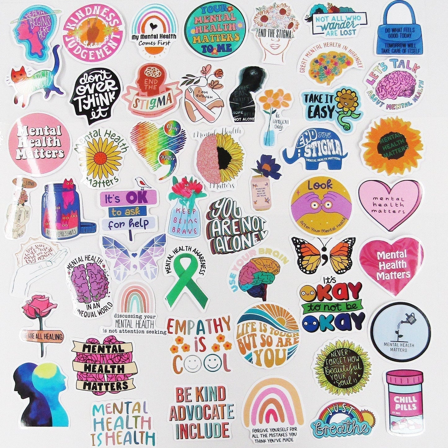 50pcs PVC Mental Health Sticker Bundle Cards Junk Journal Laptop Phone & More