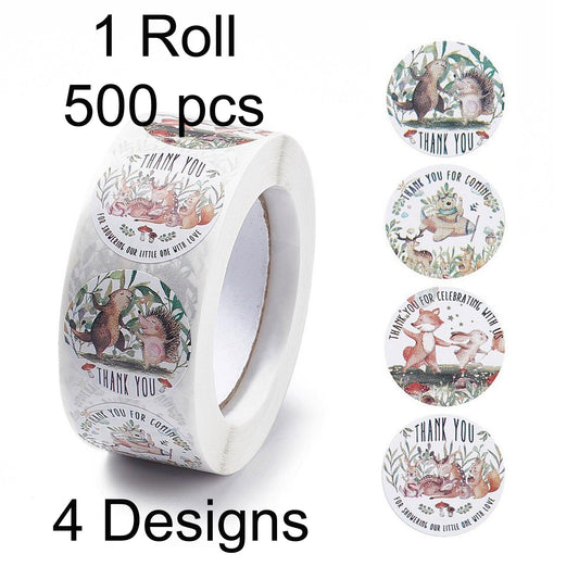 1 Roll 500pcs Baby Shower Thank you Cute Critters Sticker lables 4 Patterns 25mm