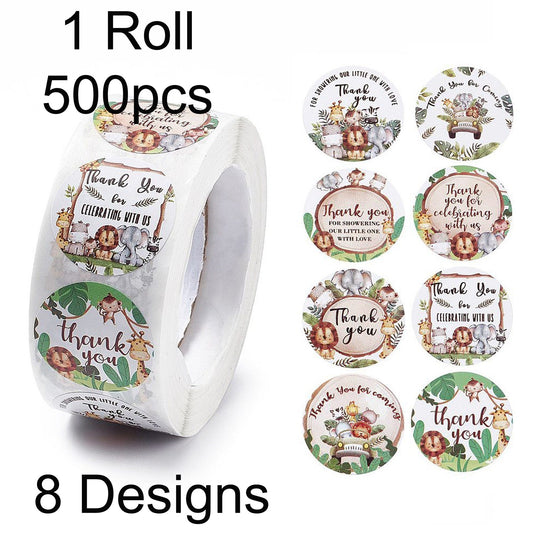 1 Roll 500pcs Baby Shower Thank you Jungle Animals Sticker lable 4 Patterns 25mm