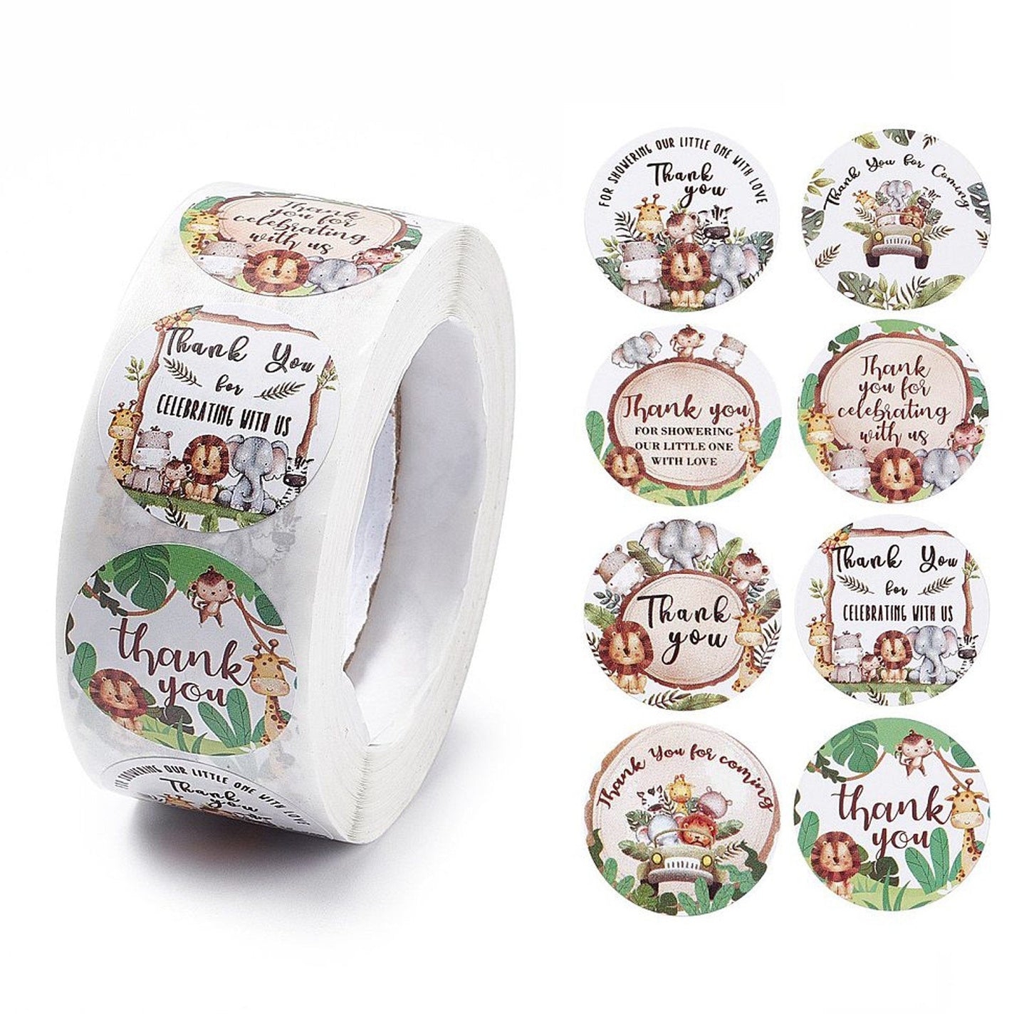1 Roll 500pcs Baby Shower Thank you Jungle Animals Sticker lable 4 Patterns 25mm