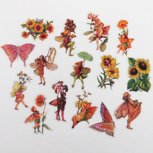 40pcs PET Orange Flowers & Fairies Sticker Bundle Scrapbook Cards Junk Journal