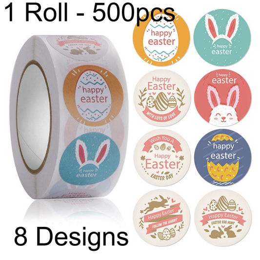 1 Roll 500pcs Easter Egg Happy Easter Message Sticker Lables 8 Designs 25mm