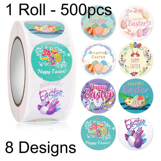 1 Roll 500pcs Happy Easter Eggs Sticker Lables 8 Designs 25mm