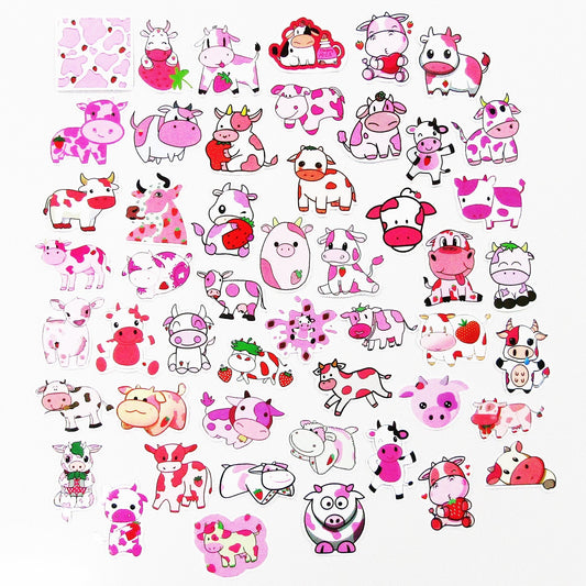 50pcs Strawberry Cow Sticker Bundle Schoolbooks Cards Junk Journal