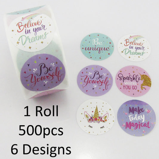 Roll of 500 Unicorn Positive Designs Self Adhesive Paper Sticker Labels 25mm