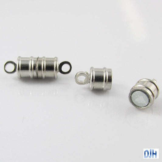 100 Sets Barrel Column Magnetic Clasp Silver Tone 17x6mm Hole 1.8mm