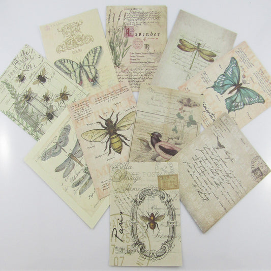30pc Butterfly Bee Dragonfly Retro Scrapbook Papers Journal Ephemera 91x66mm