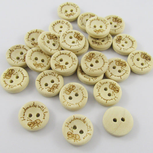 50pce Printed Knitting Hand Made with Love 2 Hole Wood Button Round 15mm Sewing