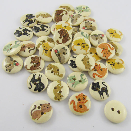 50pce Printed Cats 2 Hole Wood Button Round 15mm Sewing Cards Junk Journal etc