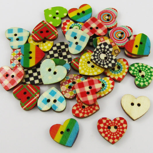 50pce Printed Heart Shape 2 Hole Wood Button 16x18mm Sewing Cards Junk Journal