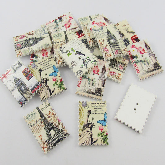 20pce Postcard Stamp 2 Hole Wood Button 34x24mm Sewing Cards Junk Journal