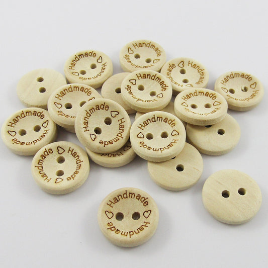 50pce Love Heart Handmade Wood Button Round 2-Hole 15mm, Hole: 2mm Sewing