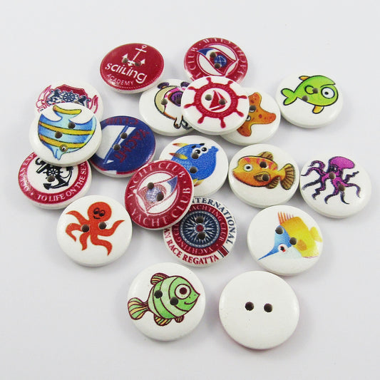 20pce Marine Ocean Theme 2 Hole Wood Button Round 20mm Sewing Cards Junk Journal