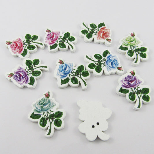 20pce Rose Flower 2 Hole Wood Button 31x25mm Sewing Cards Junk Journal