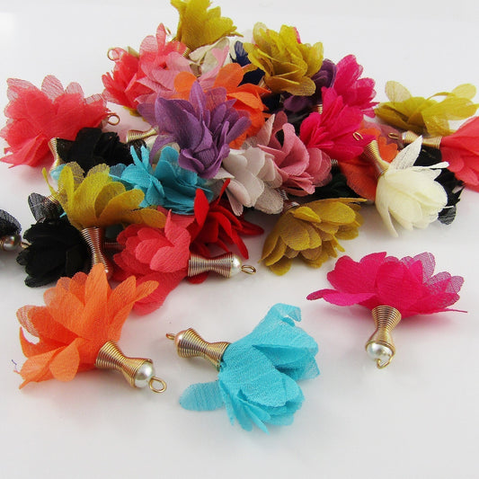 10pce (5 pairs) Chiffon Flower Tassel with Pearl & Gold Cap 35mm Earrings etc