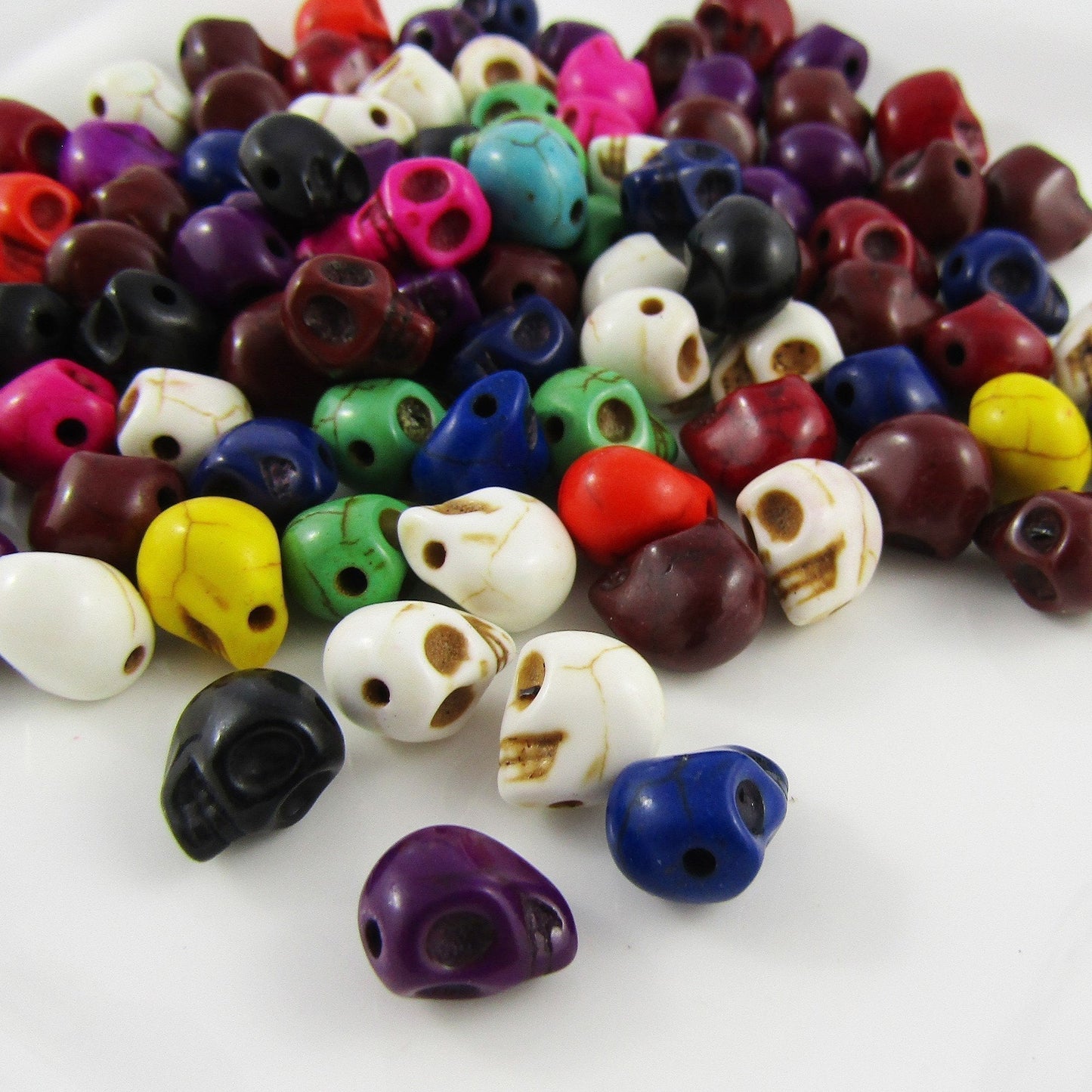 50pcs Dyed Synthetic Howlite 3D Skull Bead Mixed Colours 10x8x9mm Hole 1mm