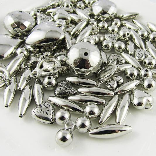 50gram Silver CCB Acrylic Beads Random Mixed Shape & Size for Jewellery Making!