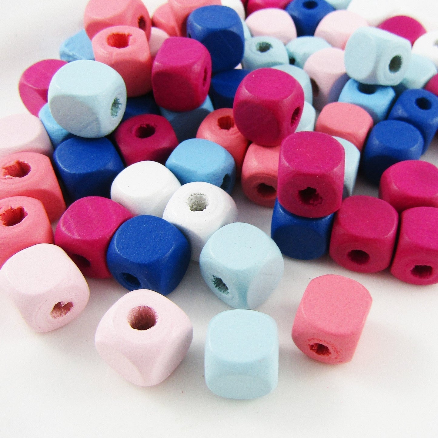 50g 100+pcs Wood Cube Craft Beads Mixed Pink Blue White 10x10mm Hole 3.5mm