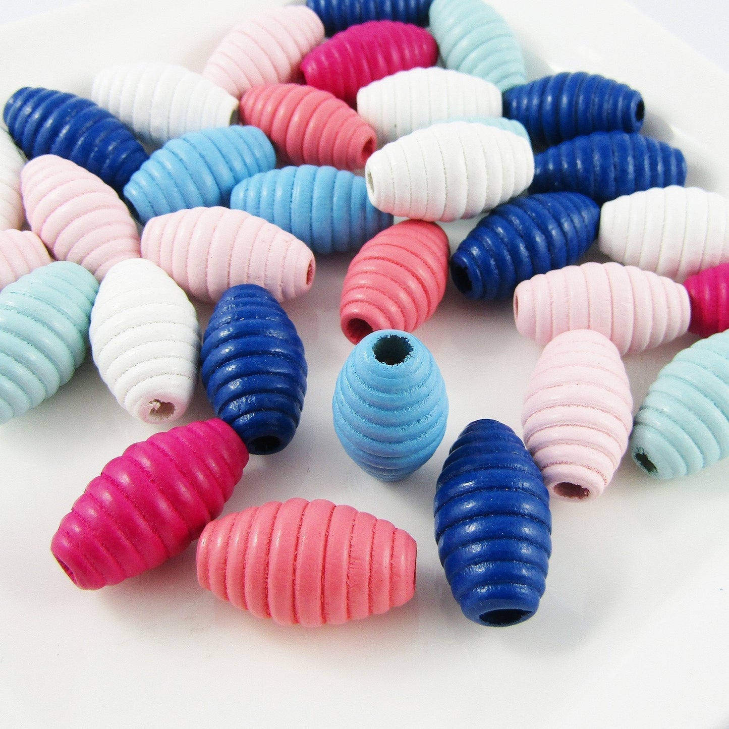 50g 35+pcs Wood Beehive Oval Craft Beads Mixed Pink Blue White 24x13mm Hole 3mm