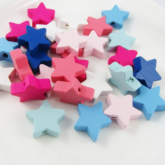 50g 35+pcs Wood Star Craft Beads Mixed Pink Blue White 19x20mm Hole 2mm