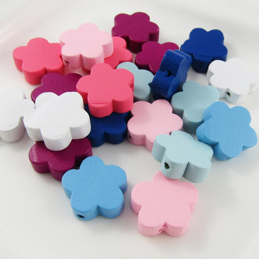 50g 50+pcs Wood Flower Craft Beads Mixed Pink Blue White 19x19mm Hole 2mm