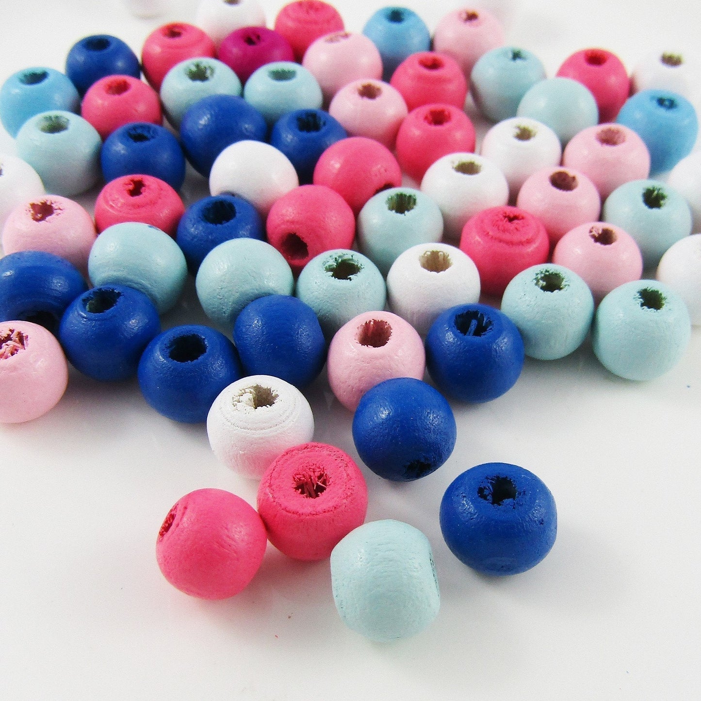 50g 285+pcs Wood Round Craft Beads Mixed Pink Blue White 8.5x7mm Hole 2.5mm