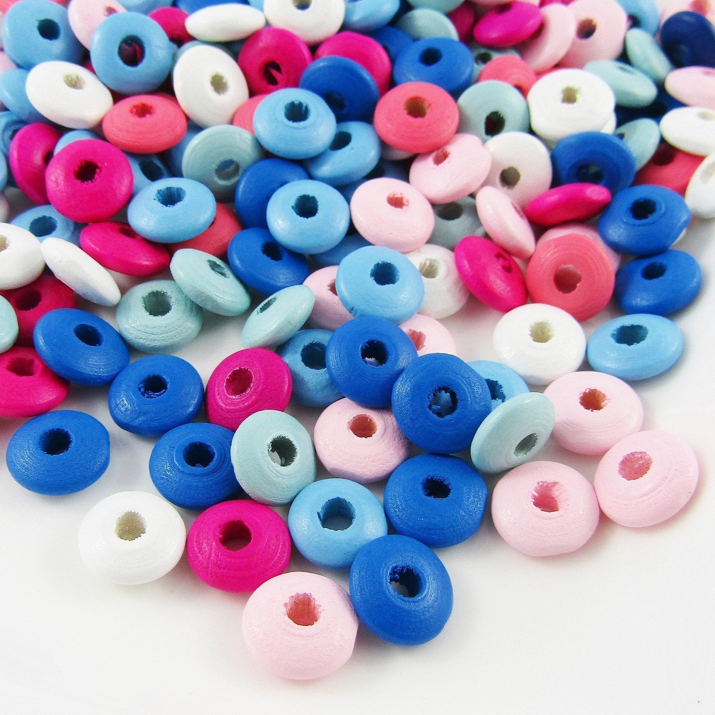 50g 340+pcs Wood Rondelle Craft Beads Mixed Pink Blue White 10x4mm Hole 2.5mm