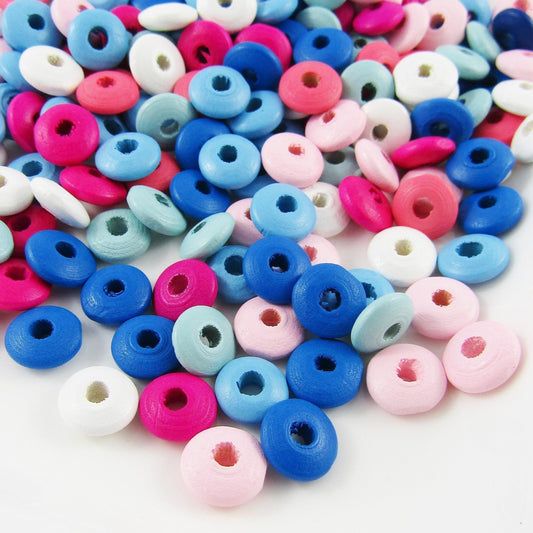50g 340+pcs Wood Rondelle Craft Beads Mixed Pink Blue White 10x4mm Hole 2.5mm