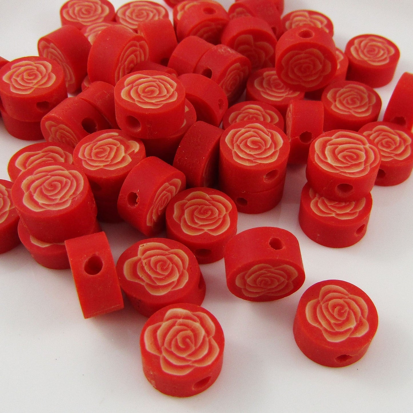 Bulk 50pcs Polymer Clay Red Rose 9.5x9.5x4.5mm Hole 1.8mm