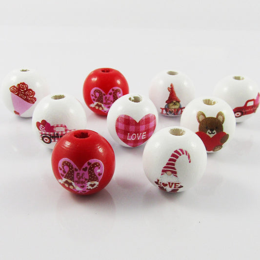 10pcs Printed Wood Round Valentines Day Theme Craft Bead Mixed 15mm Hole 3mm
