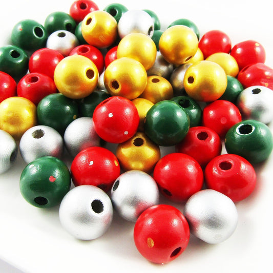 50g 35+pcs Christmas Mix Painted Wood Beads 16mm Hole 4mm
