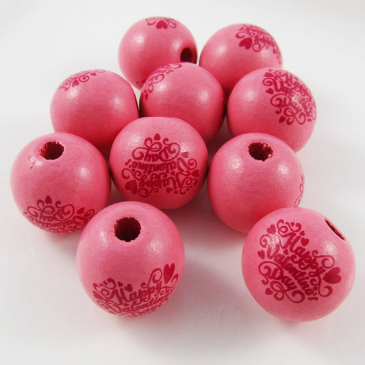 10pcs Printed Wood Round Happy Valentines Day Craft Bead 15mm Hole 3mm