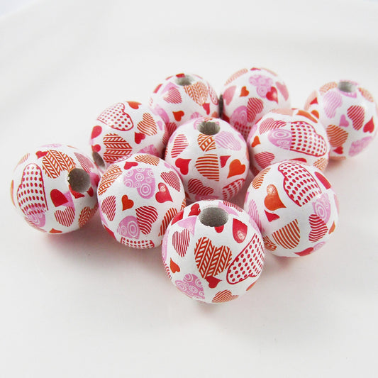 10pcs Printed Wood Round Valentines Funky Hearts Craft Bead 15mm Hole 3mm