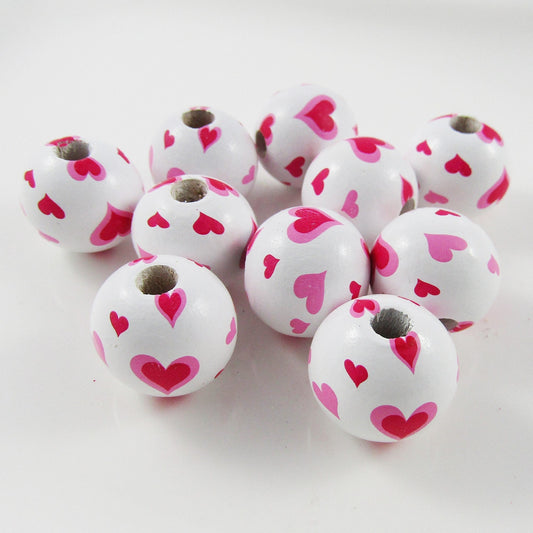 10pcs Printed Wood Round Valentines Love Hearts Craft Bead 15mm Hole 3mm