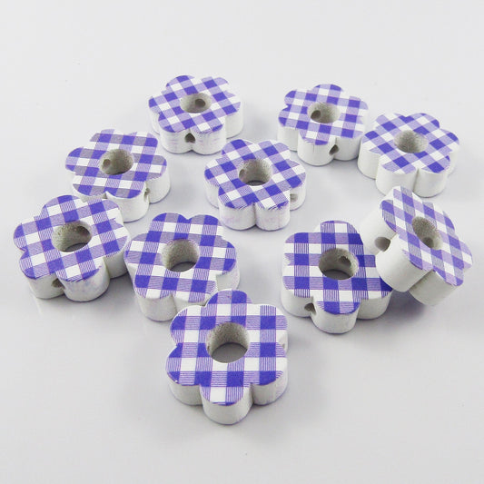 10pcs Printed Hemu Wood Lilac Gingham Flower Bead Craft 22x24mm Hole 3mm