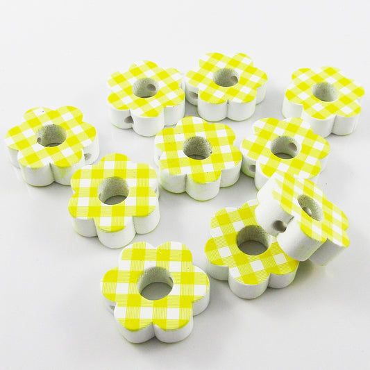 10pcs Printed Hemu Wood Yellow Gingham Flower Bead Craft 22x24mm Hole 3mm