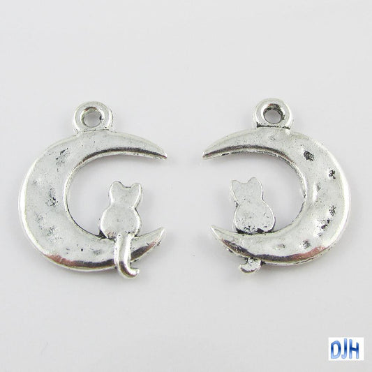 Bulk Cat & Crescent Moon Charm Pendant 23mm x 18mm Select Qty 5/10/20