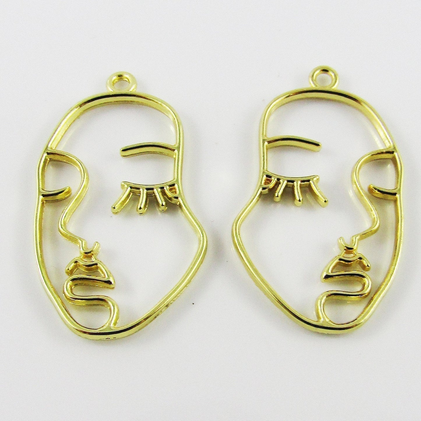 6pcs Abstract Face Winking Girl Charm Pendant Gold Plate 38x22mm Open Bezel